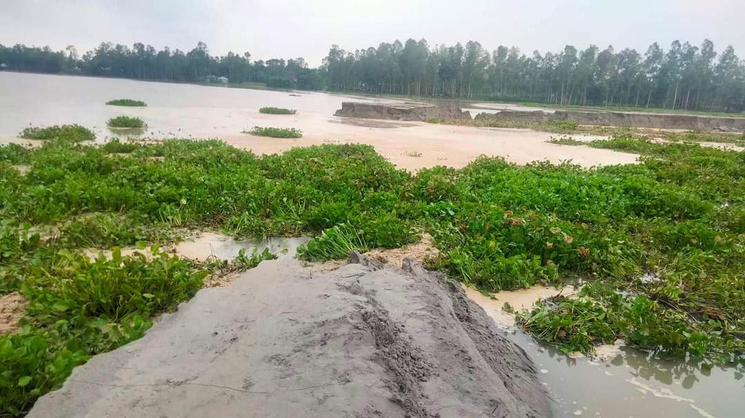 মাদারগঞ্জে বন্যার পানির প্রবল স্রোতে ভেঙে গেল নবনির্মিত সড়ক